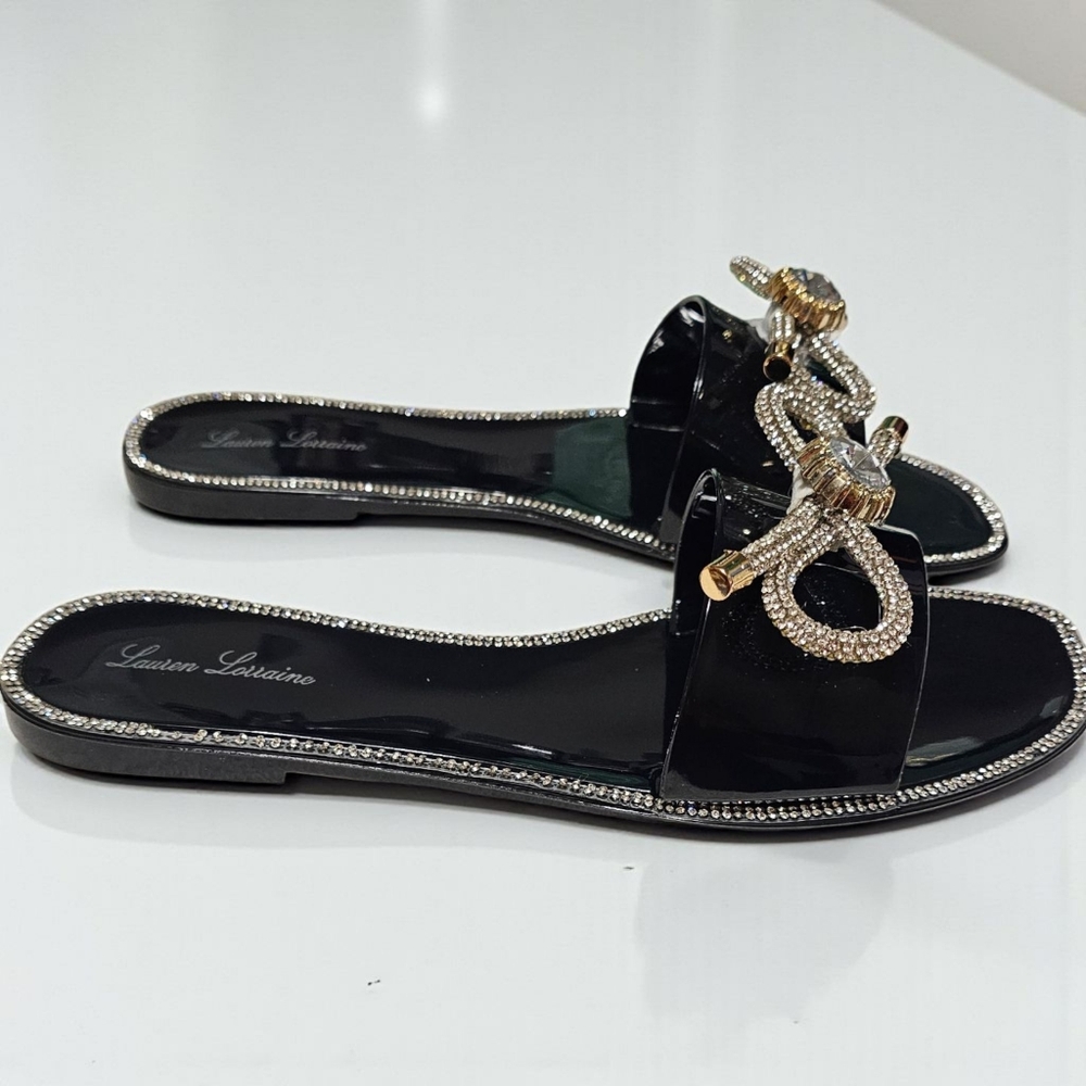 Lauren Lorraine Breeze Black Rhinestone Bow Jelly Slide Sandal Womens 9.5 - Picture 2 of 4